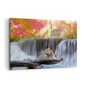 Quadro su tela - Stampe su Tela - Tigri presso una cascata nella foresta autunnale - 100x70cm - Paesaggio surreale - Decorazione murale moderna per soggiorno e camera da letto ARTTOR