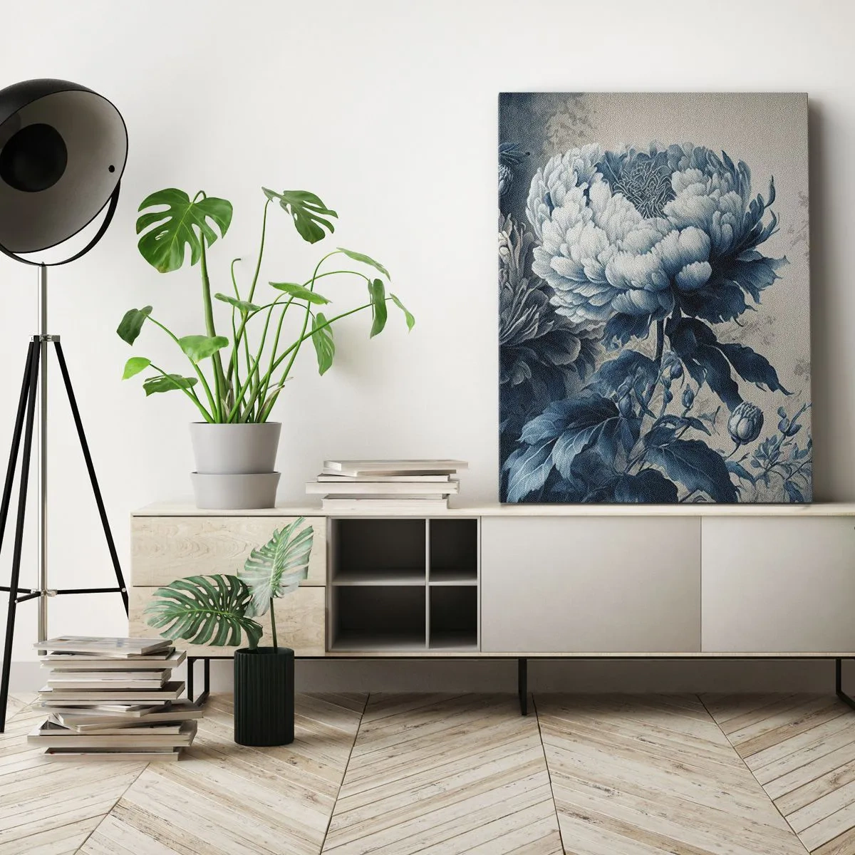 Quadro su tela - Stampe su Tela - Peonie blu su uno sfondo tenue con un motivo delicato - 70x100cm - Coppia perfetta - Decorazione murale moderna per soggiorno e camera da letto ARTTOR