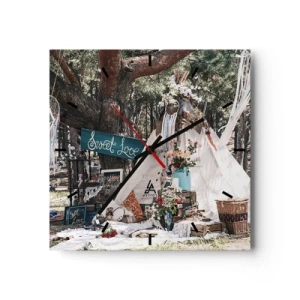 Orologio da parete - Orologio in Vetro - Decorazione boho con un teepee nella foresta - 30x30cm - Make love... - Decorazione murale moderna per soggiorno e camera da letto ARTTOR