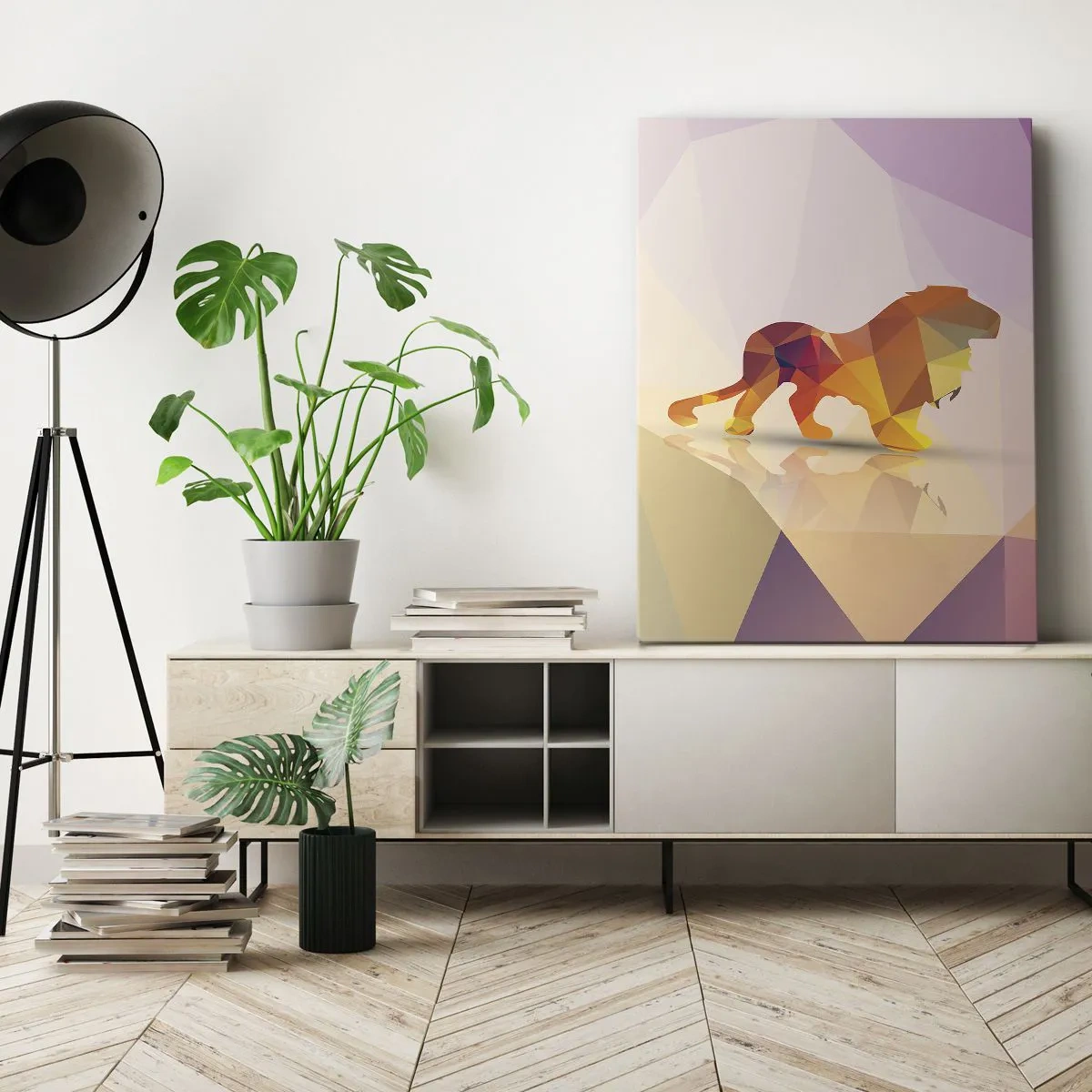 Quadro su tela - Stampe su Tela - Silhouette geometrica di un leone nei toni del giallo e dell'arancione - 50x70cm - Il re di diamante - Decorazione murale moderna per soggiorno e camera da letto ARTTOR