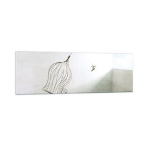 Quadro su vetro - Un uccello liberato da una gabbia sullo sfondo di un cielo luminoso - 160x50cm - Nel proprio elemento - Decorazione murale moderna per soggiorno e camera da letto ARTTOR