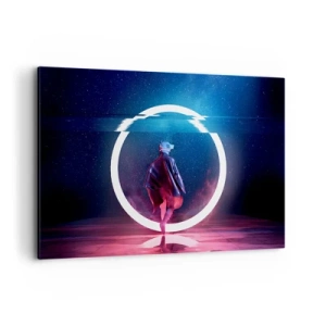 Quadro su tela - Stampe su Tela - Un personaggio in un ambiente futuristico con un cerchio al neon - 120x80cm - Tra due mondi - Decorazione murale moderna per soggiorno e camera da letto ARTTOR