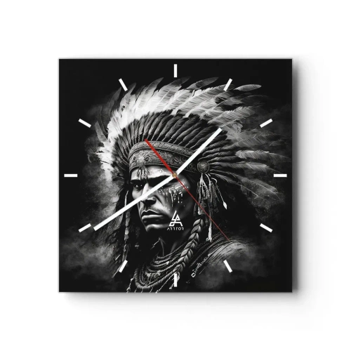 Orologio da parete - Orologio in Vetro - Ritratto di un capo con un copricapo piumato su sfondo nero - 30x30cm - Capo e guerriero - Decorazione murale moderna per soggiorno e camera da letto ARTTOR