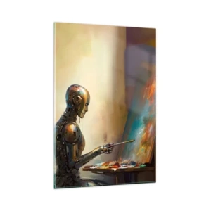 Quadro su vetro - Un robot che dipinge su una tela in stile artistico - 80x120cm - L'arte del futuro - Decorazione murale moderna per soggiorno e camera da letto ARTTOR