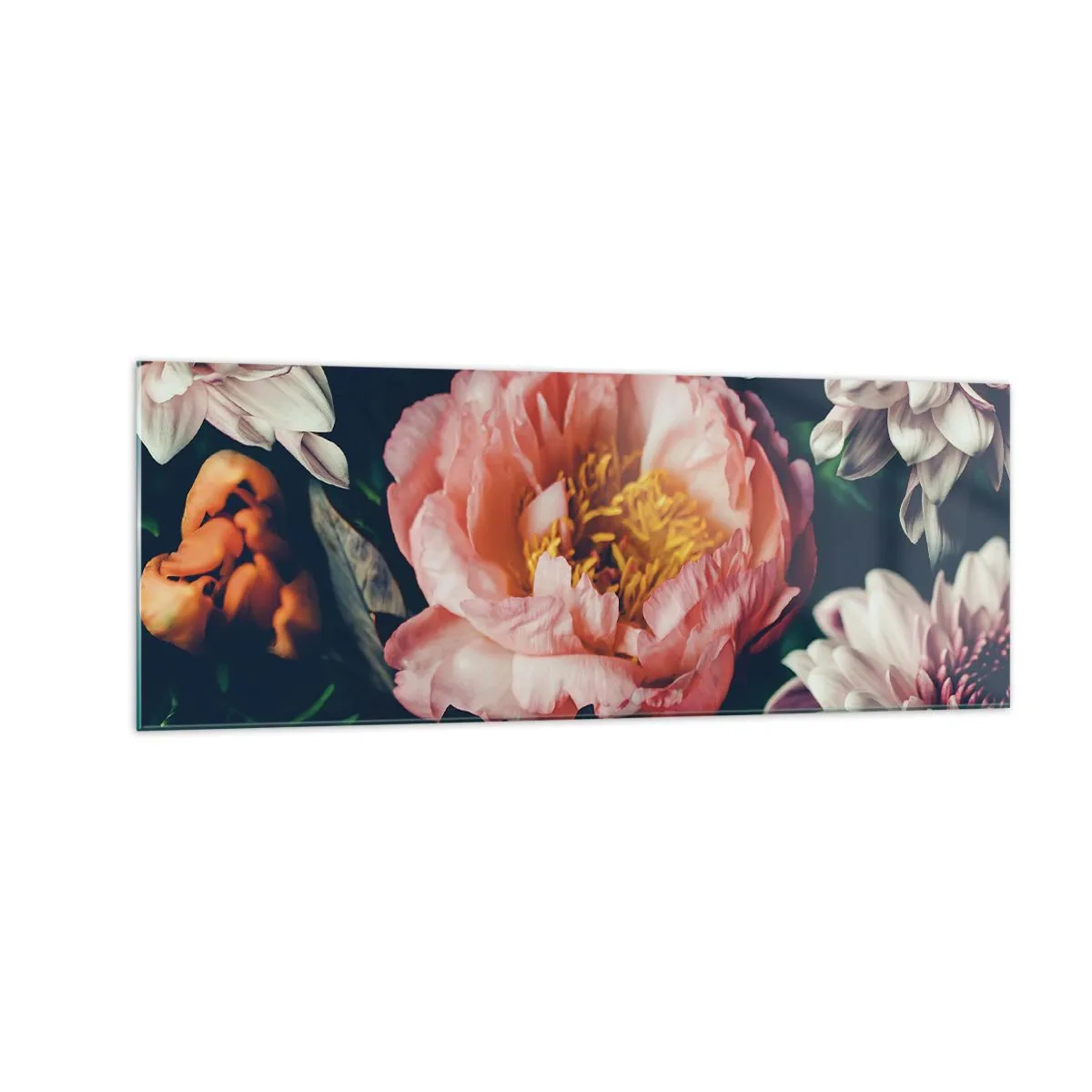 Quadro su vetro - Composizione floreale con peonia e crisantemi su sfondo scuro - 140x50cm - Con fasto barocco - Decorazione murale moderna per soggiorno e camera da letto ARTTOR