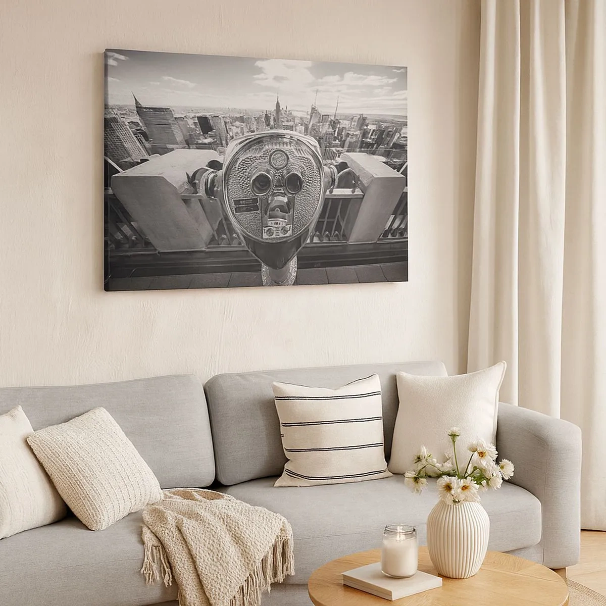Quadro su tela - Stampe su Tela - Vista monocromatica attraverso il telescopio del panorama della città - 70x50cm - Il centro del mondo - Decorazione murale moderna per soggiorno e camera da letto ARTTOR