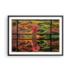 Poster in cornice nera - Una donna in kimono con un ombrello sullo sfondo di un paesaggio autunnale. - 70x50cm - Nel tempio della natura - Decorazione murale moderna per soggiorno e camera da letto ARTTOR