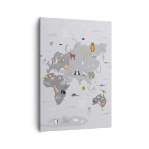 Quadro su tela - Stampe su Tela - Una mappa del mondo con illustrazioni di animali su uno sfondo grigio - 50x70cm - Dimmi di dove sei... - Decorazione murale moderna per soggiorno e camera da letto ARTTOR