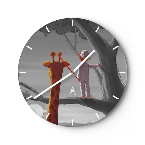 Orologio da parete - Orologio in Vetro - Un bambino in pigiama e una giraffa sono in piedi insieme sul ramo di un albero. - 30x30cm - Sta succedendo davvero - Decorazione murale moderna per soggiorno, cucina e camera da letto ARTTOR
