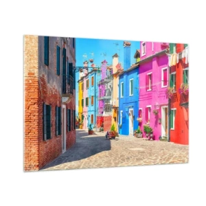 Quadro su vetro - Edifici colorati su una strada stretta in una città soleggiata - 100x70cm - La cittadina dei pappagalli - Decorazione murale moderna per soggiorno e camera da letto ARTTOR