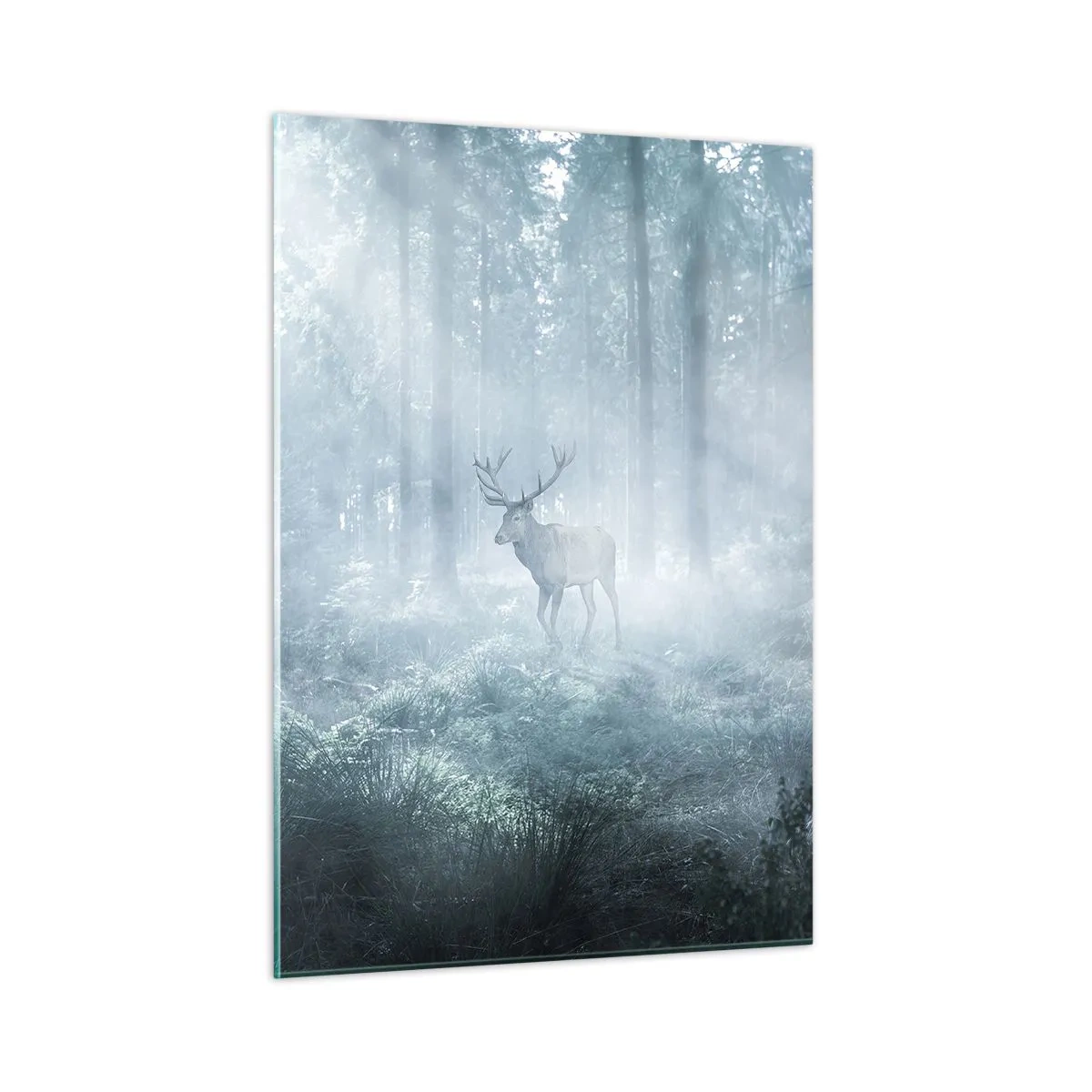 Quadro su vetro - Un cervo in una foresta nebbiosa illuminata dai raggi del sole mattutino - 50x70cm - Passeggiata mattutina sulle sue terre - Decorazione murale moderna per soggiorno e camera da letto ARTTOR