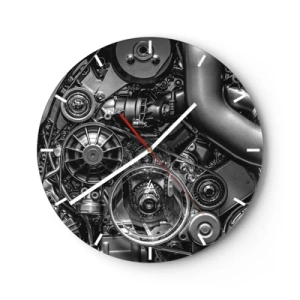 Orologio da parete - Orologio in Vetro - Dettaglio in bianco e nero del meccanismo del motore di un'auto - 30x30cm - La poesia della meccanica - Decorazione murale moderna per soggiorno, cucina e camera da letto ARTTOR
