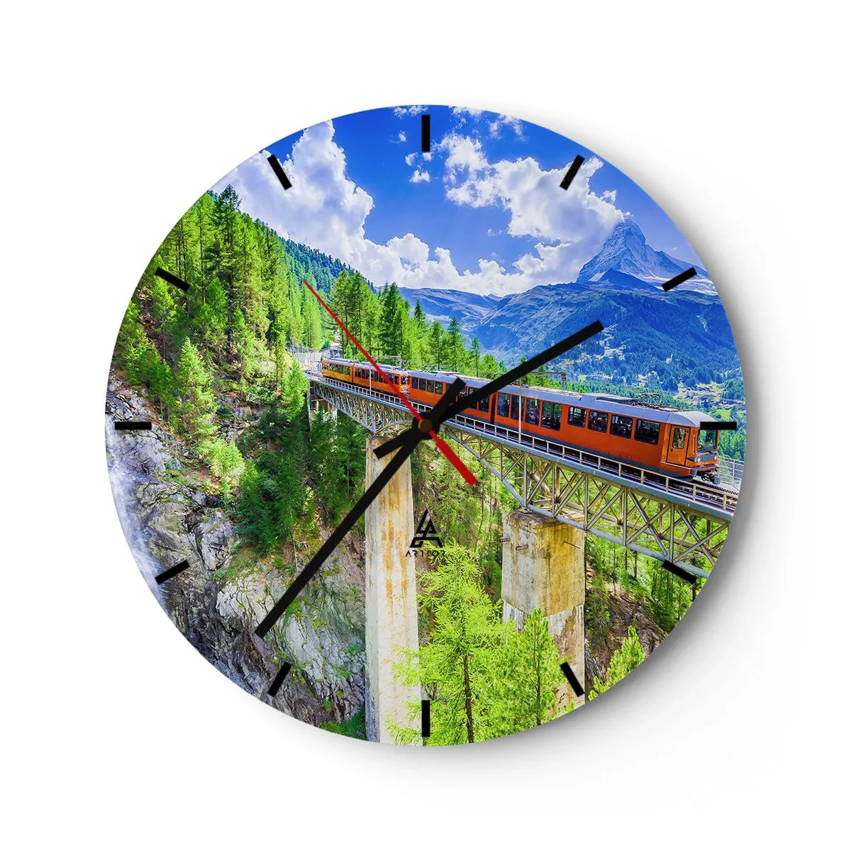 Orologio da parete - Orologio in Vetro - Un treno rosso che attraversa un ponte in un paesaggio alpino - 30x30cm - Ferrovia alpina - Decorazione murale moderna per soggiorno, cucina e camera da letto ARTTOR