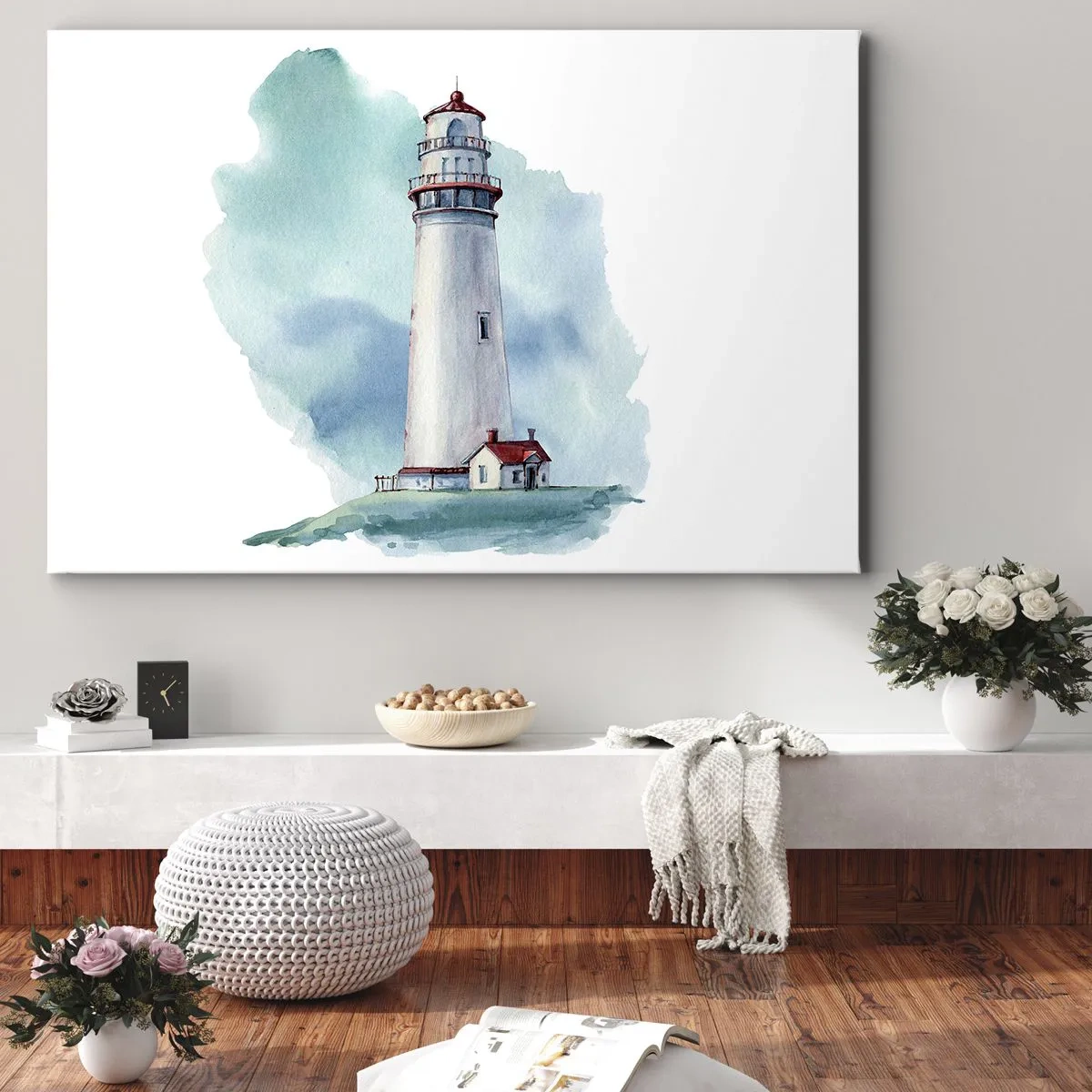 Quadro su tela - Stampe su Tela - Un faro su uno sfondo blu acquerello - 100x70cm - Il mite amico del blu - Decorazione murale moderna per soggiorno e camera da letto ARTTOR