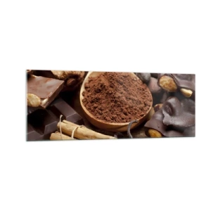 Quadro su vetro - Un cucchiaio di cacao e ingredienti al cioccolato in una disposizione rustica - 140x50cm - Ideale per i momenti di tristezza - Decorazione murale moderna per soggiorno e camera da letto ARTTOR