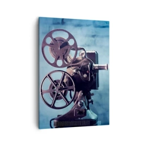Quadro su tela - Stampe su Tela - Un vecchio proiettore cinematografico proietta luce su uno sfondo blu - 50x70cm - Nel vecchio cinema - Decorazione murale moderna per soggiorno e camera da letto ARTTOR