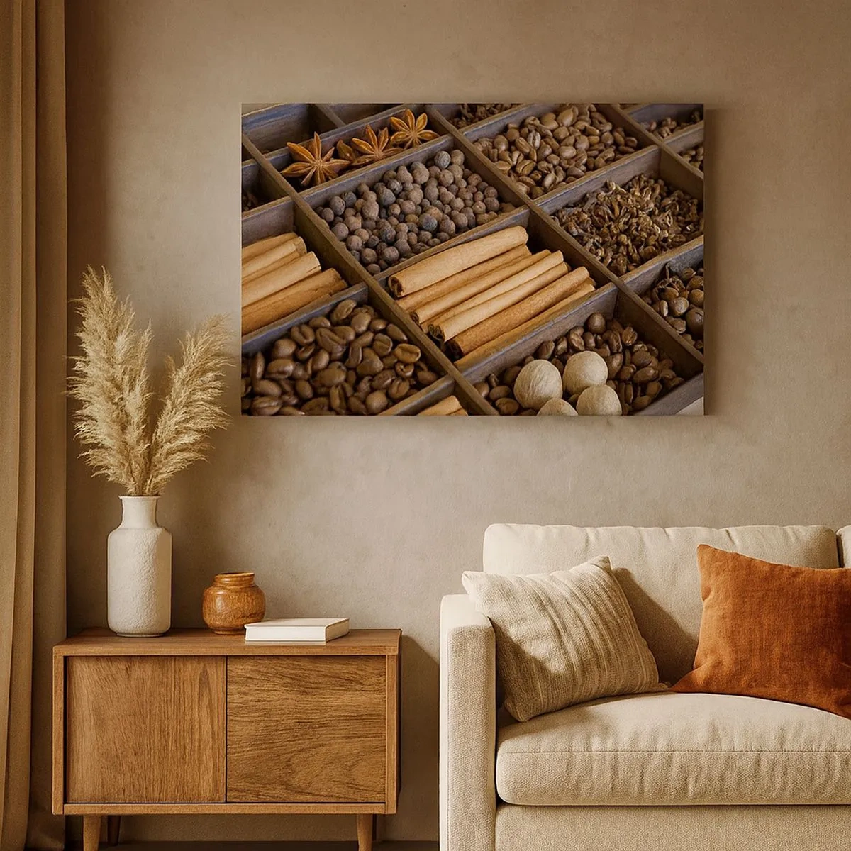 Quadro su tela - Stampe su Tela - Spezie e caffè in scomparti di legno - 70x50cm - Il tesoro degli aromi - Decorazione murale moderna per soggiorno e camera da letto ARTTOR