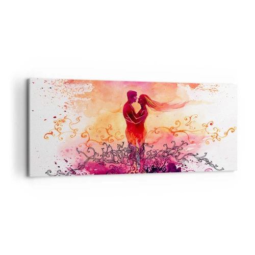 Quadro su tela - Stampe su Tela - Una coppia abbracciata su uno sfondo astratto rosa e arancione - 120x50cm - Un unico cuore! Mi basta così poco... - Decorazione murale moderna per soggiorno e camera da letto ARTTOR