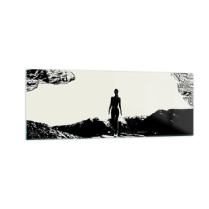 Quadro su vetro - Silhouette in bianco e nero di una donna in una grotta contro il cielo - 140x50cm - Un nuovo sguardo - Decorazione murale moderna per soggiorno e camera da letto ARTTOR