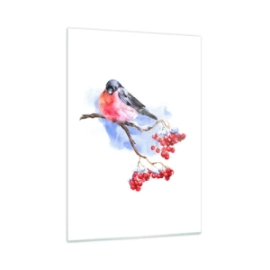 Quadro su vetro - Un uccello su un ramo di sorbo - 50x70cm - L'inverno a colori - Decorazione murale moderna per soggiorno e camera da letto ARTTOR