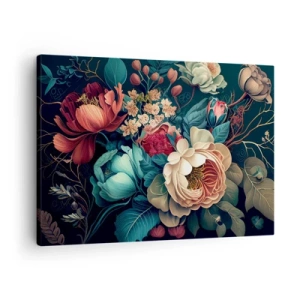 Quadro su tela - Stampe su Tela - Una composizione colorata di fiori su uno sfondo scuro - 70x50cm - Il fascino del 19esimo secolo - Decorazione murale moderna per soggiorno e camera da letto ARTTOR