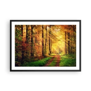 Poster in cornice nera - Un sentiero nel bosco circondato da alberi dorati e verdi - 70x50cm - Il silenzio d'oro del bosco - Decorazione murale moderna per soggiorno e camera da letto ARTTOR