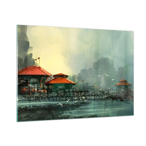 Quadro su vetro - Edifici portuali con tetti rossi contro la nebbia - 100x70cm - Giornata di pioggia al porto - Decorazione murale moderna per soggiorno e camera da letto ARTTOR