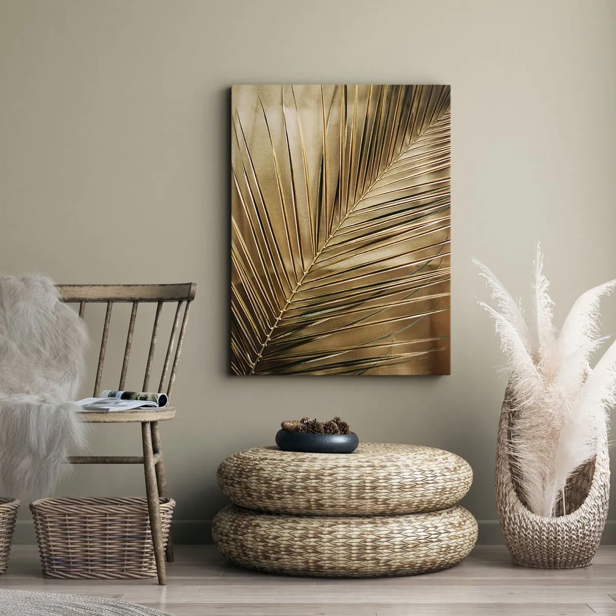 Quadro su tela - Stampe su Tela - Foglia di palma dorata su sfondo solido - 50x70cm - Colonnato naturale - Decorazione murale moderna per soggiorno e camera da letto ARTTOR