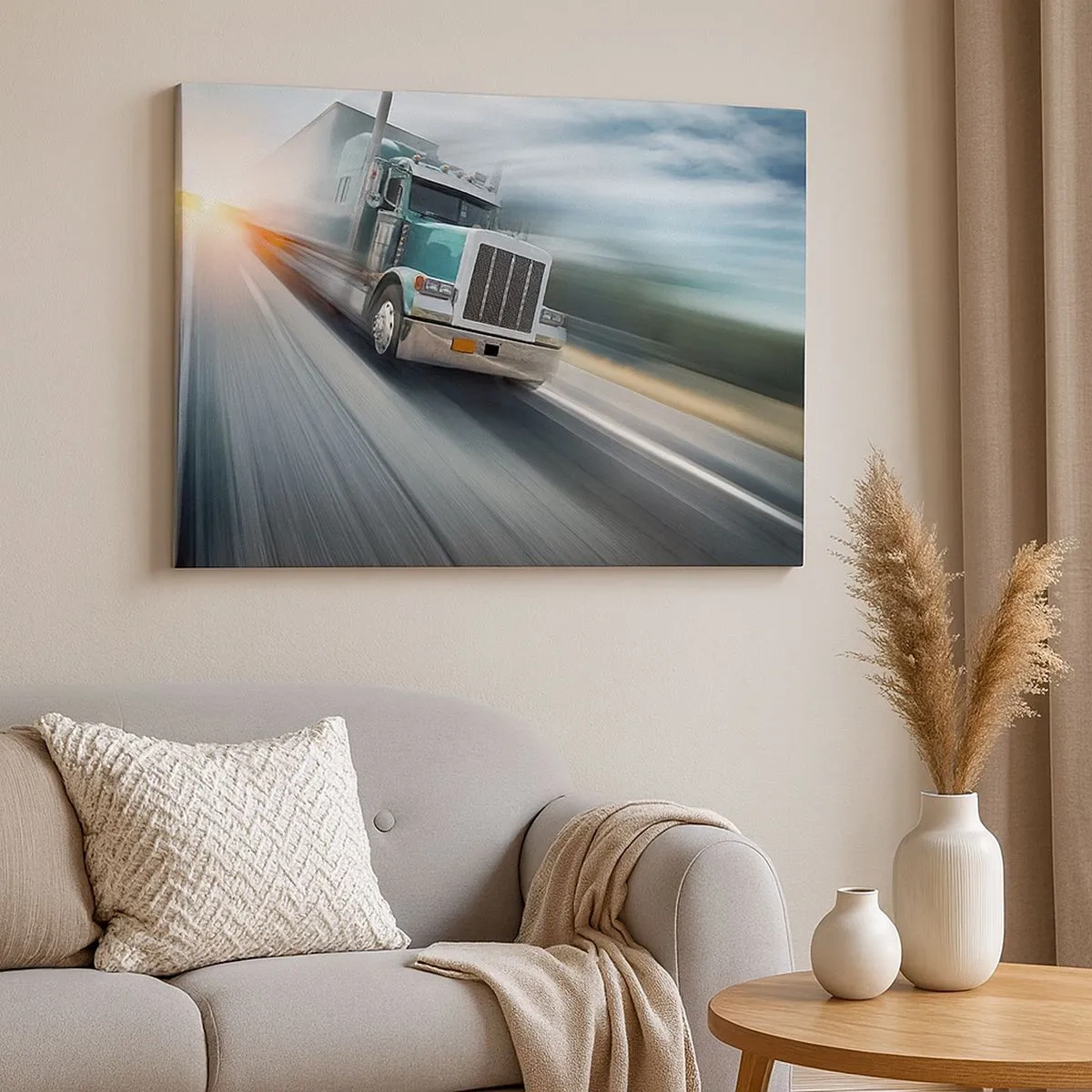 Quadro su tela - Stampe su Tela - Un camion in autostrada in movimento al tramonto - 70x50cm - Gigante americano in corsa - Decorazione murale moderna per soggiorno e camera da letto ARTTOR