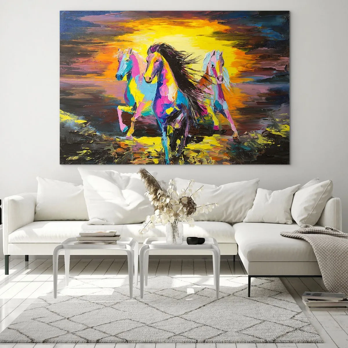 Quadro su vetro - Cavalli colorati al galoppo sullo sfondo del tramonto - 120x80cm - Immersi nell'arcobaleno - Decorazione murale moderna per soggiorno e camera da letto ARTTOR