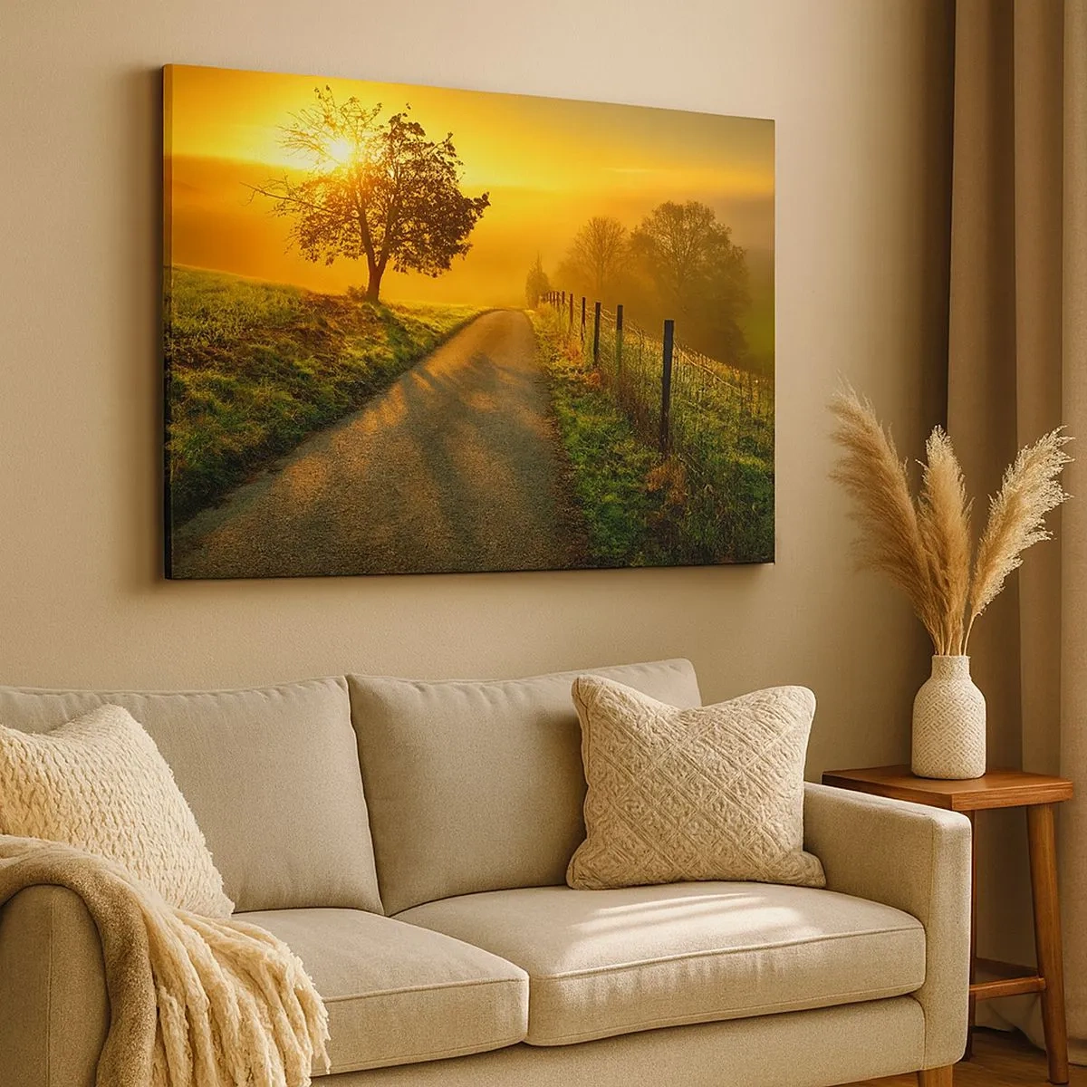 Quadro su tela - Stampe su Tela - Una strada pittoresca al tramonto con un albero solitario sullo sfondo - 70x50cm - Pomeriggio di miele - Decorazione murale moderna per soggiorno e camera da letto ARTTOR