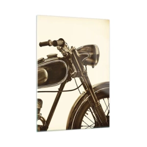 Quadro su vetro - Elegante motocicletta retrò in tonalità seppia su sfondo chiaro - 50x70cm - Nostalgia per la classicità - Decorazione murale moderna per soggiorno e camera da letto ARTTOR