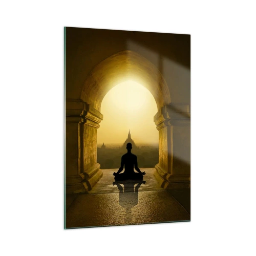 Quadro su vetro - Silhouette di una persona in meditazione alla luce del sole al tramonto in un arco architettonico - 50x70cm - Armonia completa - Decorazione murale moderna per soggiorno e camera da letto ARTTOR
