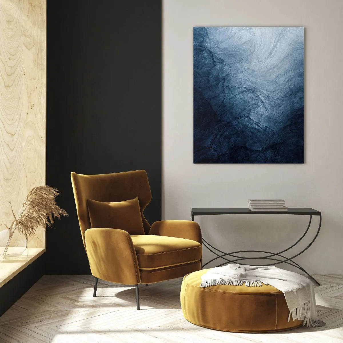 Quadro su vetro - Una composizione astratta nei toni del blu e del blu navy. - 80x120cm - Arrivando in profondità - Decorazione murale moderna per soggiorno e camera da letto ARTTOR
