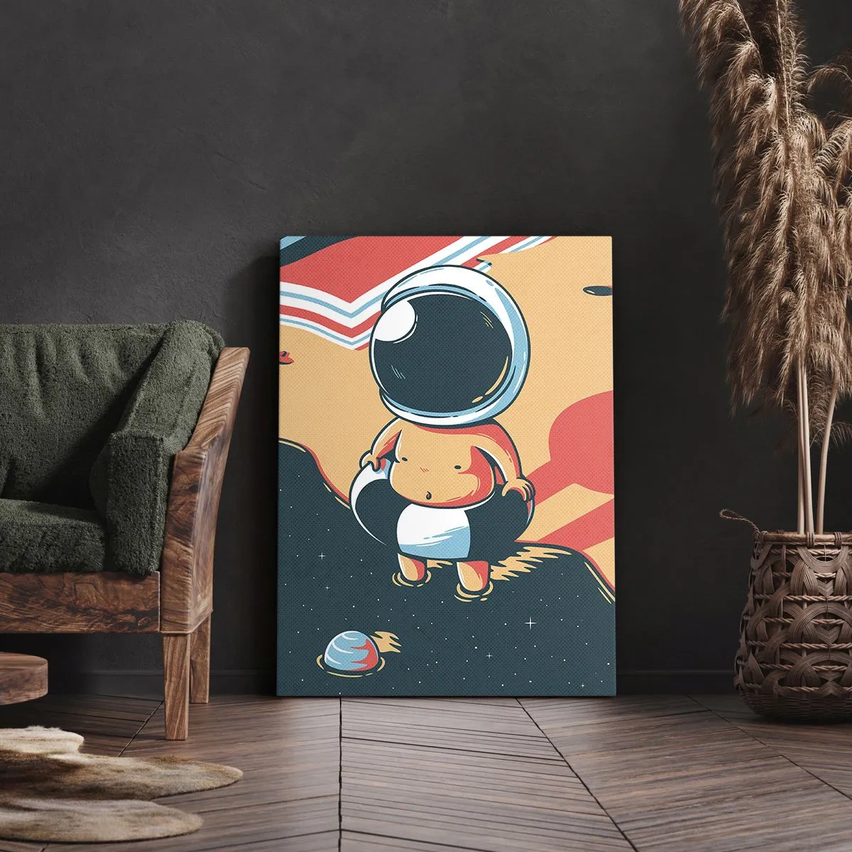 Quadro su tela - Stampe su Tela - Divertente astronauta sulla spiaggia con elementi spaziali sullo sfondo - 70x100cm - Da un'altra prospettiva - Decorazione murale moderna per soggiorno e camera da letto ARTTOR