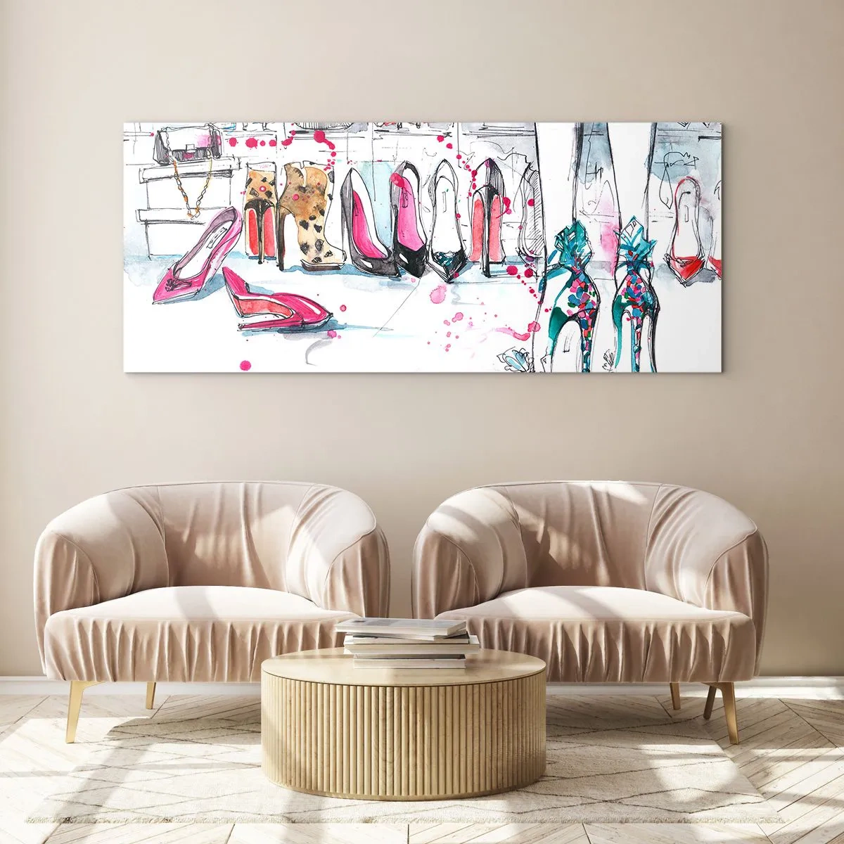 Quadro su vetro - Grafica artistica con tacchi alti e accessori - 140x50cm - Apriti sesamo - Decorazione murale moderna per soggiorno e camera da letto ARTTOR