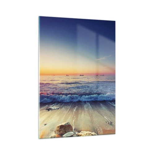 Quadro su vetro - Tramonto sulla spiaggia con onde dolci e mare calmo - 50x70cm - Cosa c'è dietro l'orizzonte? - Decorazione murale moderna per soggiorno e camera da letto ARTTOR