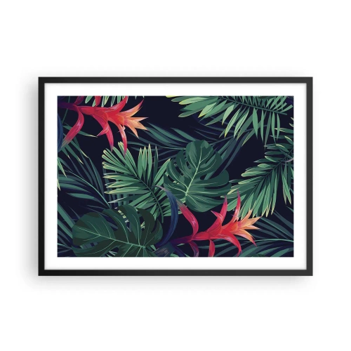 Poster in cornice nera - Foglie e fiori tropicali su sfondo scuro - 70x50cm - Fiammante nel verde - Decorazione murale moderna per soggiorno e camera da letto ARTTOR