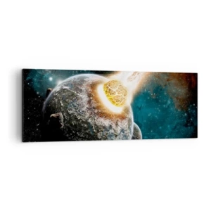 Quadro su tela - Stampe su Tela - Collisione cosmica di un pianeta con un asteroide nelle vicinanze della galassia. - 140x50cm - Estinzione o nascita? - Decorazione murale moderna per soggiorno e camera da letto ARTTOR