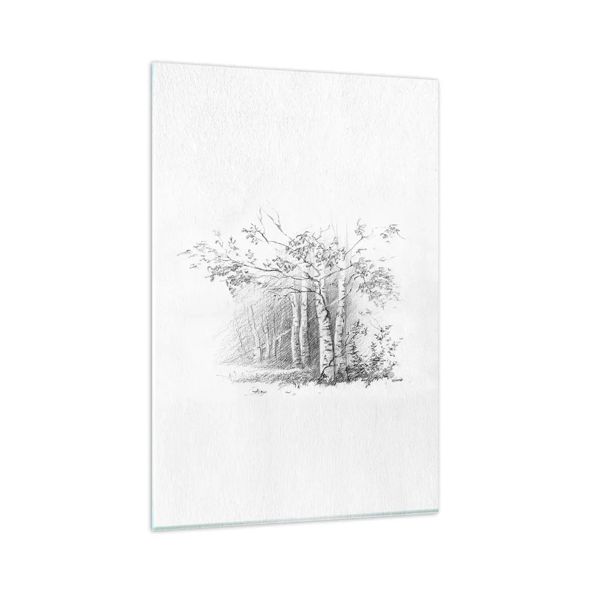 Quadro su vetro - Un disegno di una foresta di betulle in un sottile schizzo a matita - 80x120cm - La luce della foresta di betulle - Decorazione murale moderna per soggiorno e camera da letto ARTTOR