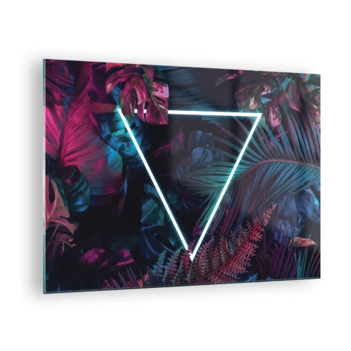 Quadro su vetro - Un triangolo al neon circondato da piante tropicali nelle tonalità del rosa e del blu. - 70x50cm - Giardino in stile discoteca - Decorazione murale moderna per soggiorno e camera da letto ARTTOR