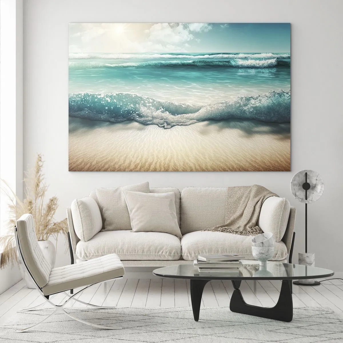 Quadro su vetro - Onde turchesi dell'oceano che lambiscono una spiaggia sabbiosa - 70x50cm - La calma dell'oceano - Decorazione murale moderna per soggiorno e camera da letto ARTTOR