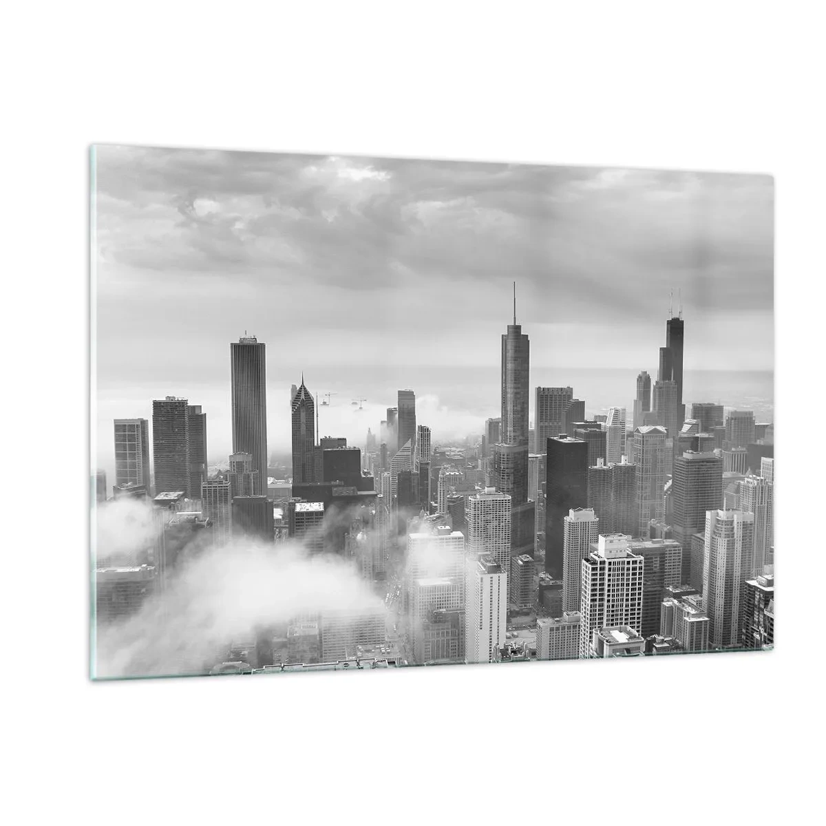 Quadro su vetro - Panorama della città con grattacieli in bianco e nero - 120x80cm - Paesaggio americano - Decorazione murale moderna per soggiorno e camera da letto ARTTOR