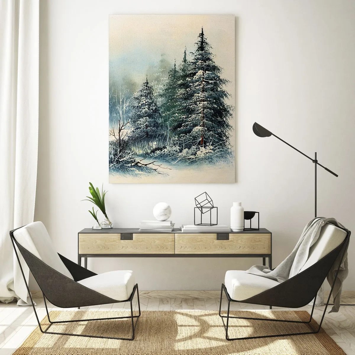 Quadro su vetro - Foresta invernale con alberi innevati contro il cielo - 50x70cm - Pronti al Natale - Decorazione murale moderna per soggiorno e camera da letto ARTTOR