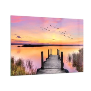 Quadro su vetro - Molo sul lago al tramonto con uccelli nel cielo - 100x70cm - Alba viola e silenziosa - Decorazione murale moderna per soggiorno e camera da letto ARTTOR