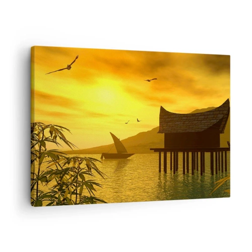 Quadro su tela - Stampe su Tela - Tramonto tropicale sull'acqua con casa in legno su palafitte. - 70x50cm - Calma desiderata - Decorazione murale moderna per soggiorno e camera da letto ARTTOR