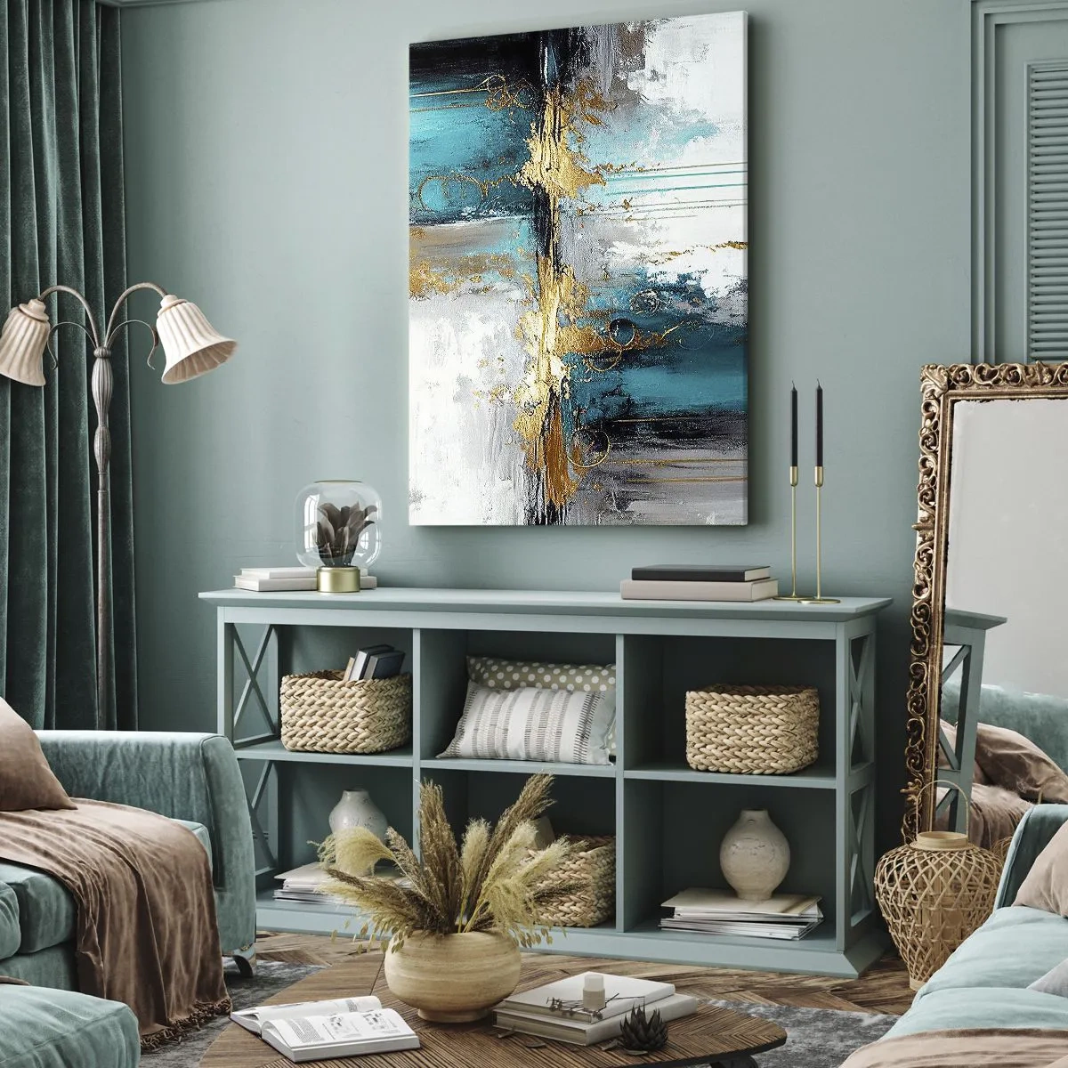 Quadro su tela - Stampe su Tela - Una composizione astratta con accenti turchesi e dorati. - 70x100cm - Panta rei - Decorazione murale moderna per soggiorno e camera da letto ARTTOR