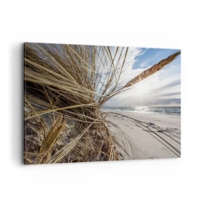 Quadro su tela - Stampe su Tela - Una spiaggia con erba secca sulle dune e vista sul mare - 100x70cm - L'incontro degli elementi - Decorazione murale moderna per soggiorno e camera da letto ARTTOR