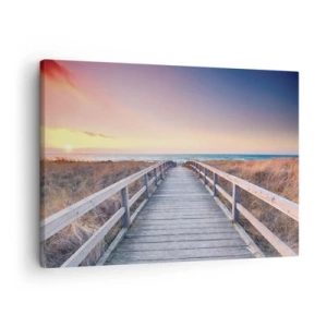Quadro su tela - Stampe su Tela - Un molo di legno che conduce alla spiaggia al tramonto, con il cielo dipinto di colori pastello. - 70x50cm - Aurora serale baltica - Decorazione murale moderna per soggiorno e camera da letto ARTTOR