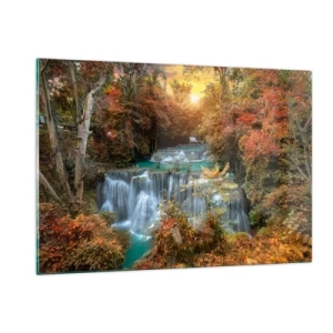 Quadro su vetro - Una pittoresca cascata circondata da una foresta autunnale al tramonto - 120x80cm - Il tesoro nascosto nel bosco - Decorazione murale moderna per soggiorno e camera da letto ARTTOR